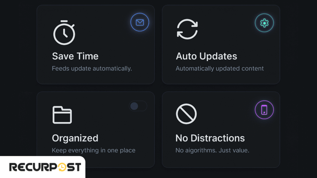 a modern, dark or light mode UI dashboard-style layout with 4 feature cards or panels arranged in a grid. Each card features: A bold icon (⏱️, ð, ð️, ð«) Headline (e.g., Save Time, Auto Updates, etc.) Caption below like: “Feeds update automatically.” “No algorithms. Just value.” Use glowing icon overlays (ð¥, ⚙️, ð²) and modern UI effects like card shadows, rounded corners, toggle switches, or tooltips. Keep visual balance and hierarchy sharp and clean.