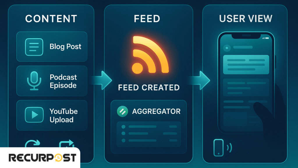 a tech-style UI flow showing a progression from content to user using stylized digital screens. Start with a screen showing content types (blog post, podcast episode, YouTube upload), flowing to a glowing RSS icon with the label “Feed Created”, then to a UI panel of a tool like Feedly or Recurpost labeled “Aggregator”, and finally to a phone screen with a user reading it, labeled “User View”.