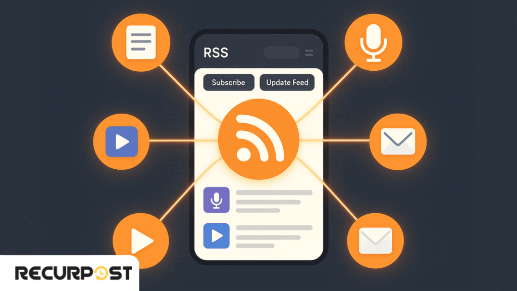 a modern-style UI illustration featuring a laptop or smartphone screen showing an RSS aggregator app interface. Overlay icons like a blog post (ð), podcast (ð️), YouTube video (▶️), and newsletter (ð©) around it, all linked to an orange RSS symbol at the center using glowing connector lines. Add interface elements like “Subscribe,” “Update Feed,” or “Fetch New.” Use a dark or light clean UI theme with rounded corners, flat shadows, and tech-friendly fonts.