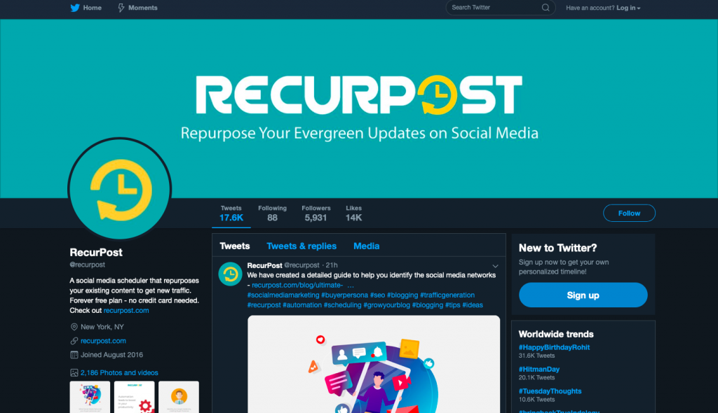Social Media Profile for Twitter by recurpost as best social media scheduling tool