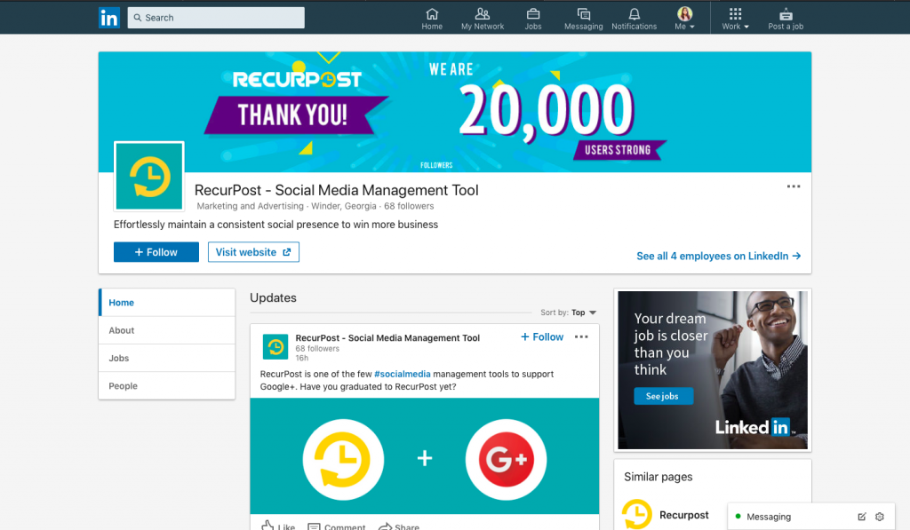 Social Media Profile for LinkedIn Page by recurpost as best social media scheduling tool