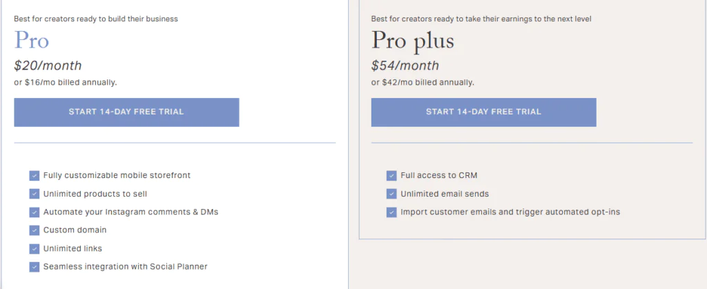 Pricing comparisons between tha plans of planoly instagram tool
