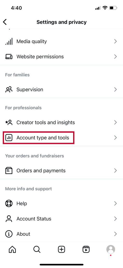 Account type and tools