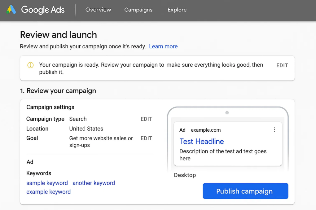 How to Set Up Google Ads: Step 9: Review Everything and Launch