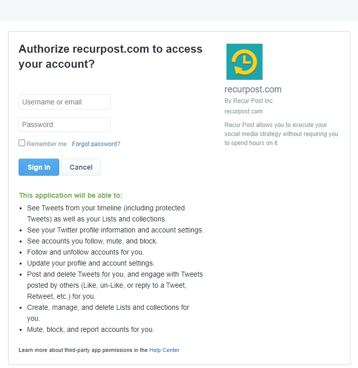 enter username & password to manage multiple twitter accounts by recurpost as best social media scheduling tools