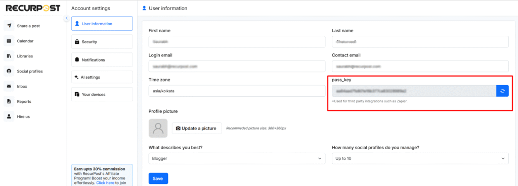 1. Link RecurPost to Zapier