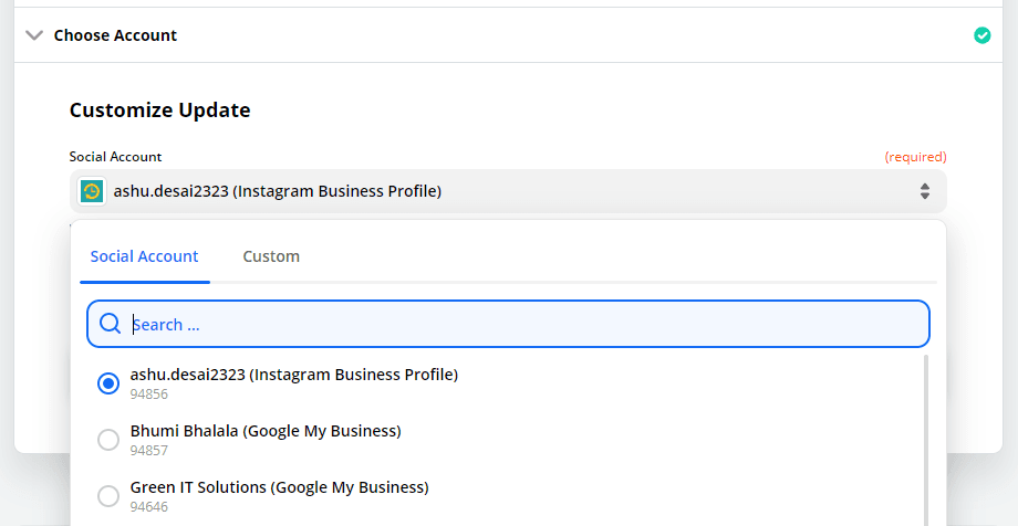 select your Instagram profile from list of how to post on instagram via zapier by recurpost as best social media scheduling tool