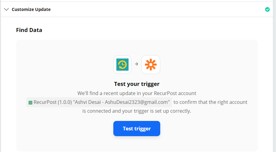 click on Test trigger of how to post on instagram via zapier recurpost by social media scheduling tool