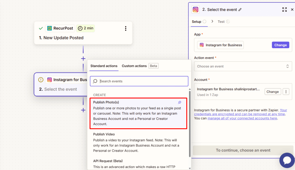 Configure the Zap Action (Instagram for Business)