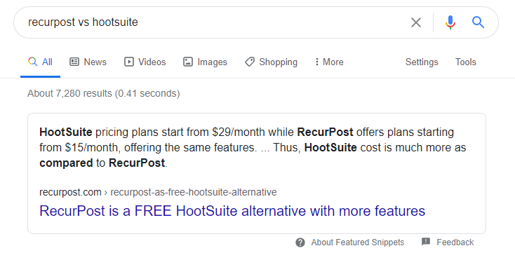 SERP Position zero as an effective marketing ideas by recurpost as best free social media scheduling tool