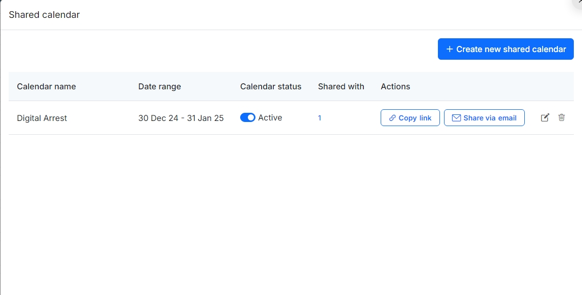 RecurPost shared calendar list with copy link and share via email options