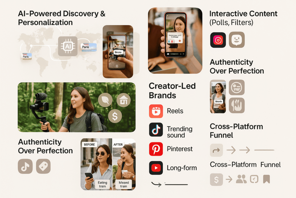 Create a modern, editorial-style infographic image that visually showcases the major 2025 social media trends for travel bloggers. The image should blend real-life travel visuals (e.g., a travel blogger filming a reel, editing a blog post on a laptop in a scenic café, or leading a group tour) with icon-based illustrations representing each trend.ð Visual Layout:
Style: Clean, flat infographic with photorealistic accents
Color scheme: Neutral with digital/social platform accent tones (reds, blues, Pinterest pink, YouTube red)
Aesthetic: Professional, stylish, travel-creator brand styleð§± Include the Following Visual Elements:
1. Main Header:
ð§ “2025 Trends for Travel Bloggers on Social” (Large, bold text on top)2. Trend Icons + Visual Sections:
AI-Powered Discovery & Personalization:
Show a glowing AI chip or neural network icon over a world map with algorithm-style lines connecting to “travel posts” (thumbnails with destination text)Interactive Content (Polls, Filters):
Display a mobile phone showing an Instagram story with a poll:
“Where should I go next? ð®ð¹ or ð¯ðµ”
Add emoji sliders or AR mask icons.Sustainable Travel:
Show a blogger filming in a forest or local market, surrounded by eco-icons: leaf, globe, and local business icon.Authenticity Over Perfection:
Show a “before vs. after” social post — one glossy, one showing real moments (missed train, eating street food, backpack mishap)Creator-Led Brands:
Visual of a travel blogger hosting a group trip (with a clipboard and branded shirt), with icons of travel planning, a shopping cart (for digital products), and a dollar sign to represent monetization.Platform-Native Strategy:
Layout of social platforms:Instagram icon + ReelsTikTok icon + Trending sound bubblePinterest + Vertical pin layoutYouTube + Long-form video playerCross-Platform Funnel:
A flowchart-style arrow system showing:
TikTok → Instagram → Blog → Email list → Sale ð°Micro-Influencers:
Small creator account (e.g., 25K followers) with high engagement icons: heart ð¬ + share ð + save