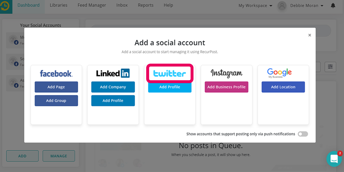 select twitter profiles you want to add to schedule tweets by recurpost as best social media scheduling tool
