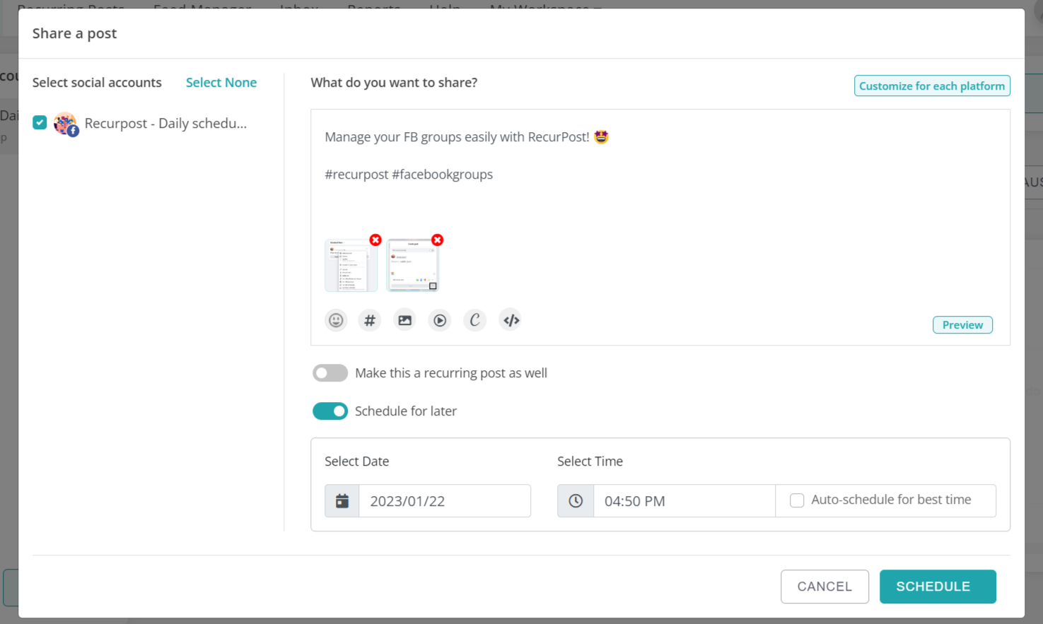 how to schedule facebook group posts RecurPost