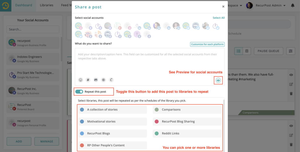 Adding your post to libraries using RecurPost LinkedIn post scheduler