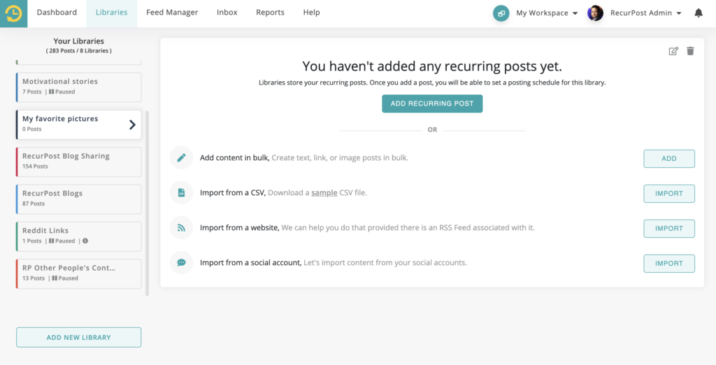 options to add posts to a blank library on RecurPost LinkedIn post scheduler