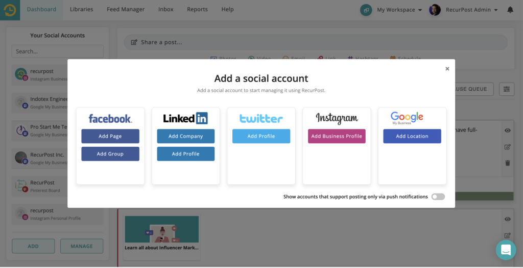 Add a Social account on RecurPost LinkedIn post scheduler