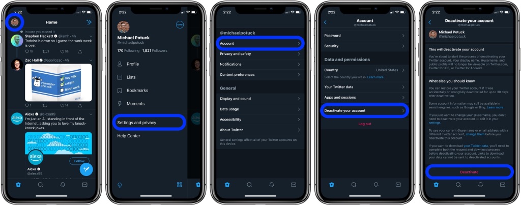 how to delete Twitter account from iphone