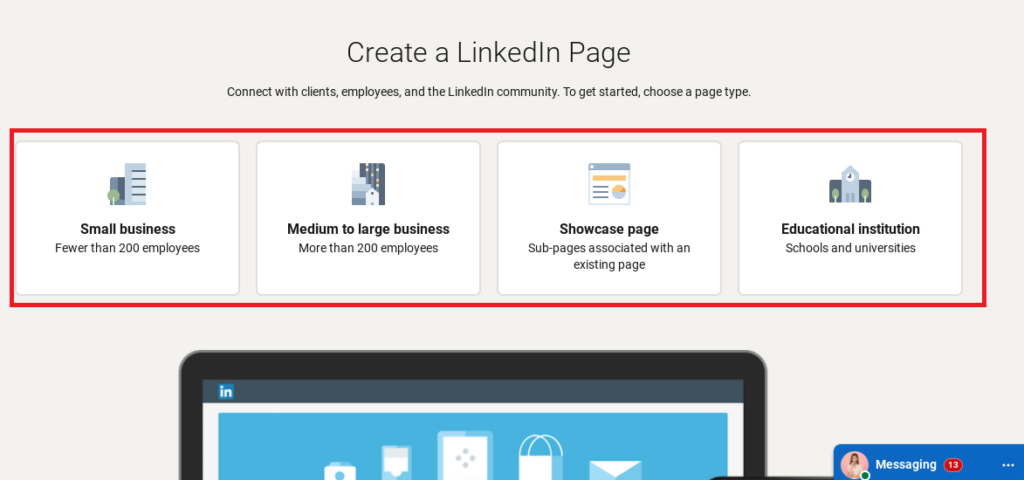 create linkedin business pages - select business level
