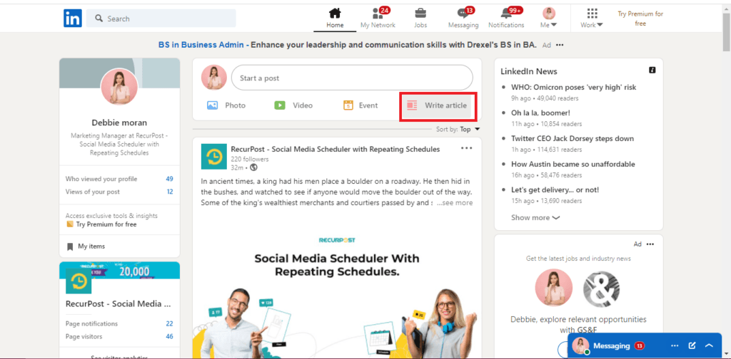 How to post an article on Linkedin 1