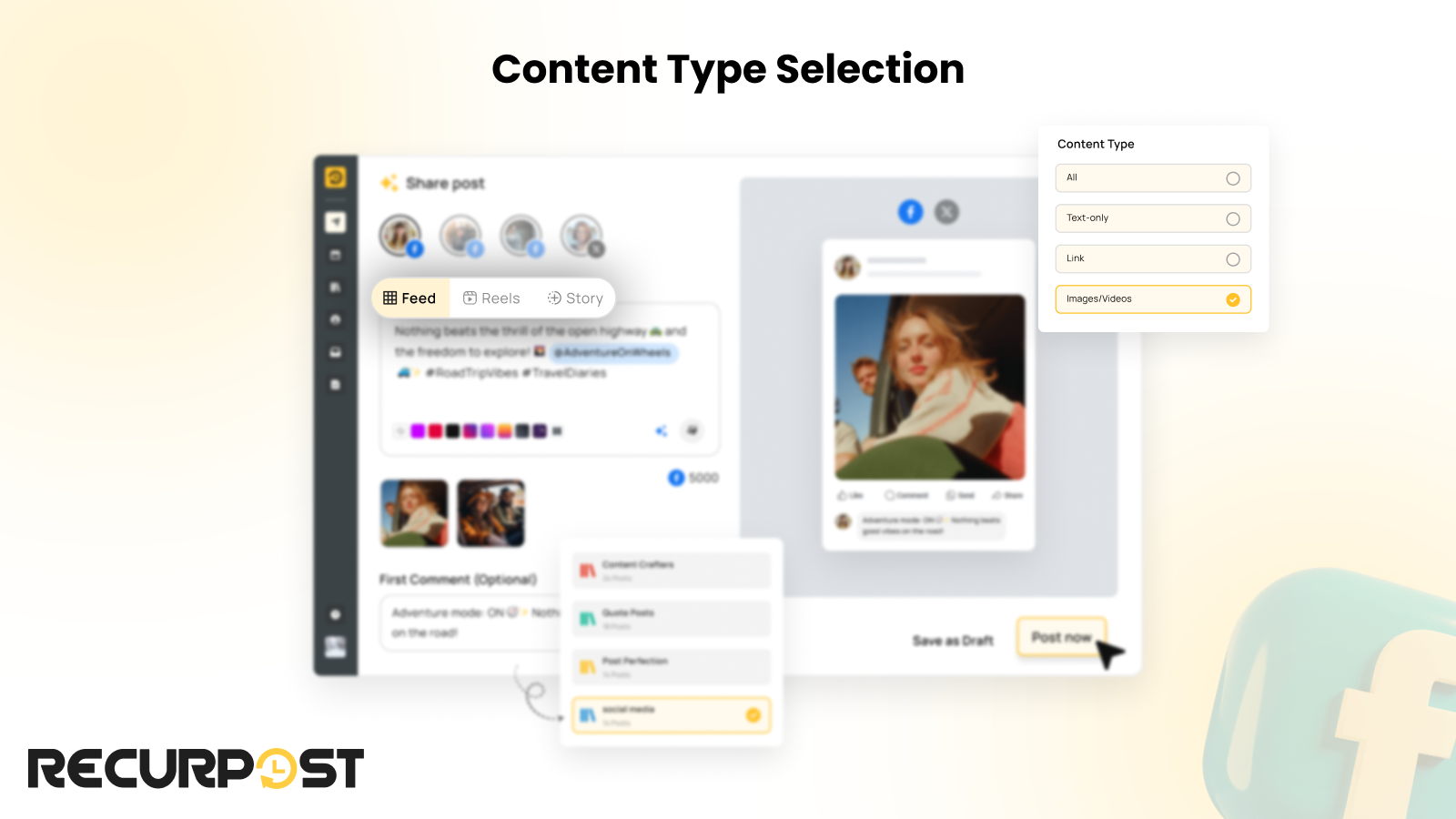 Content type selection (feed, story, reels)
