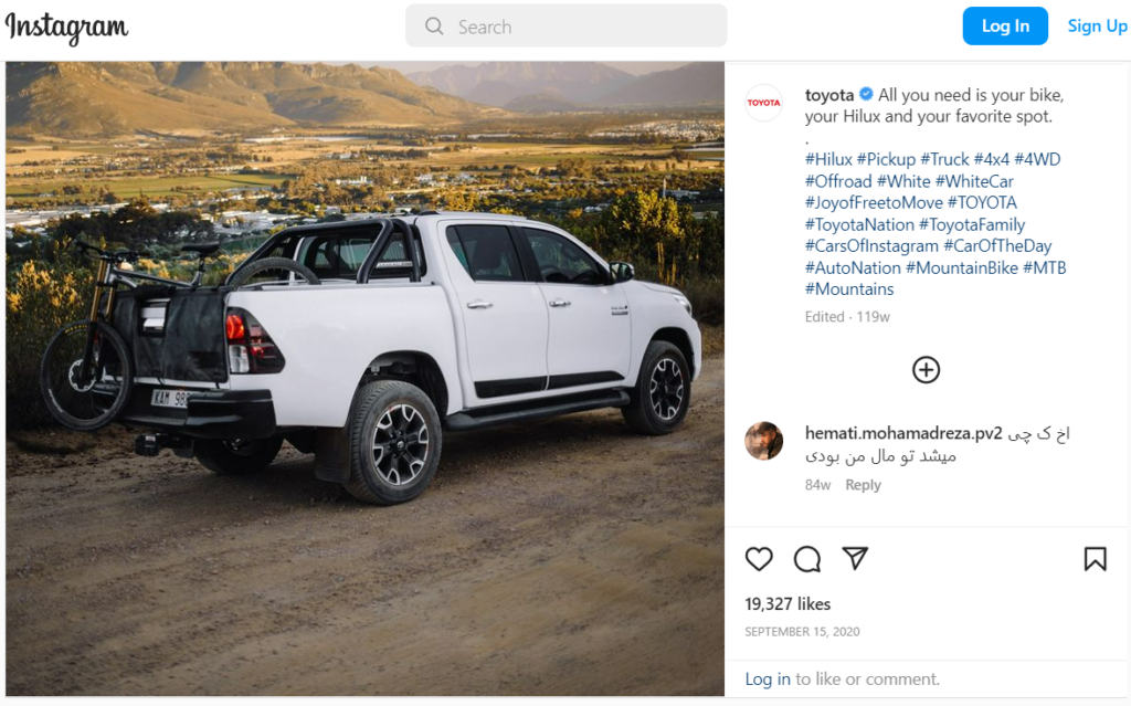 Social media positioning strategy by Toyota on Instagram