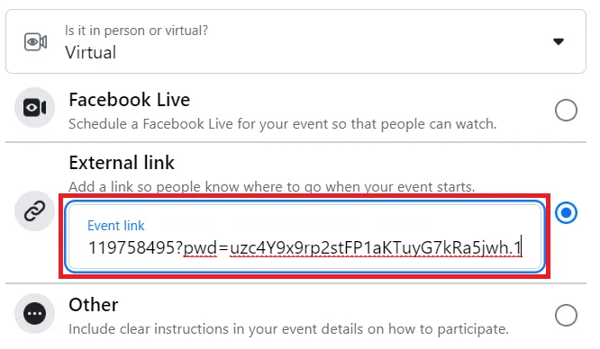 Create event: Event Link
