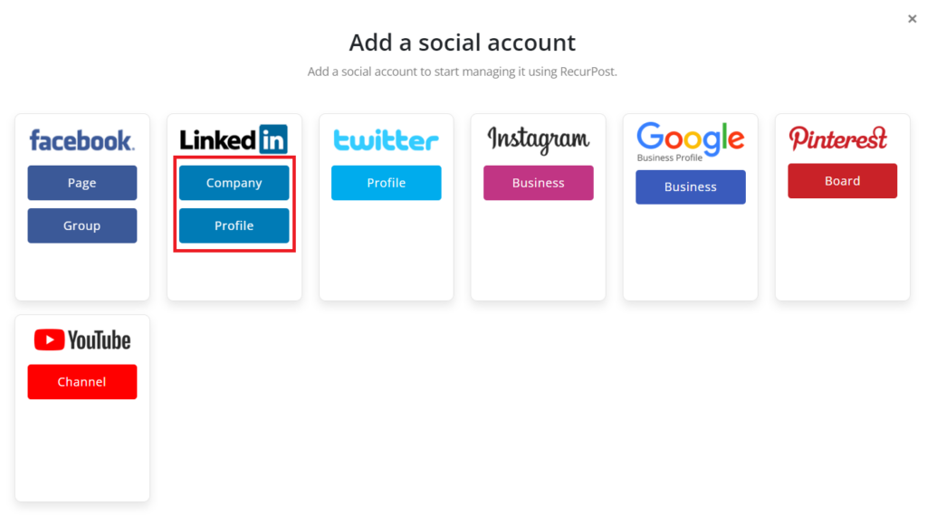 Add a Social account on RecurPost LinkedIn post scheduler