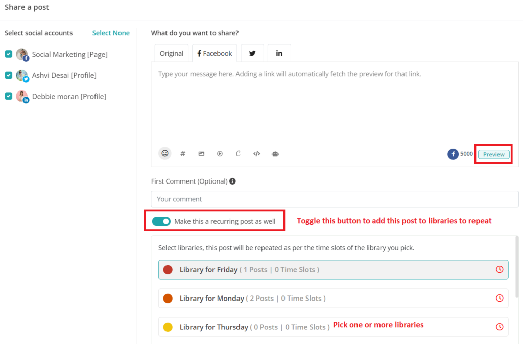 Adding your post to libraries using RecurPost LinkedIn post scheduler