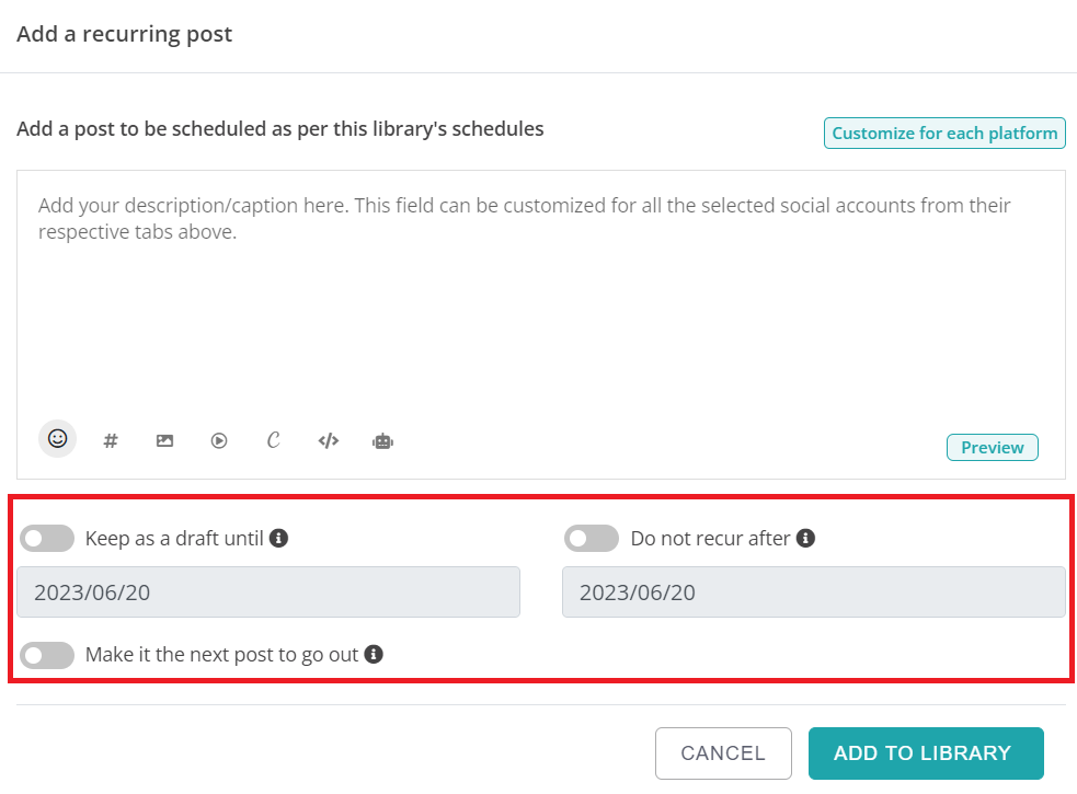 RecurPost option for keeping a post in draft and repeat it until a set date