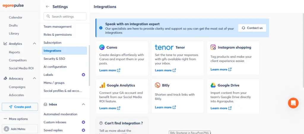 Integrations in Agorapulse