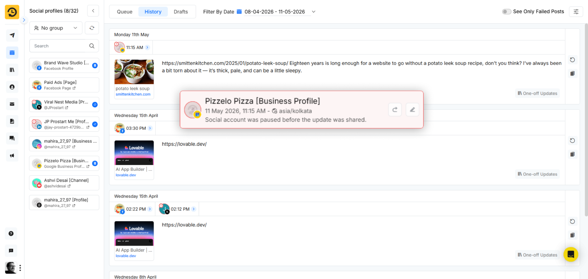 RecurPost history naming the exact reason a scheduled post failed