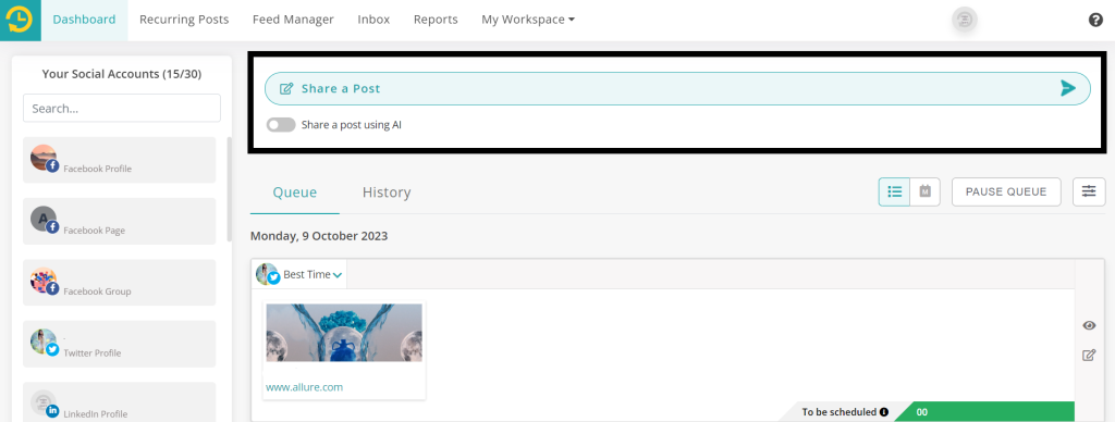 Schedule a post on one or more social profiles using RecurPost