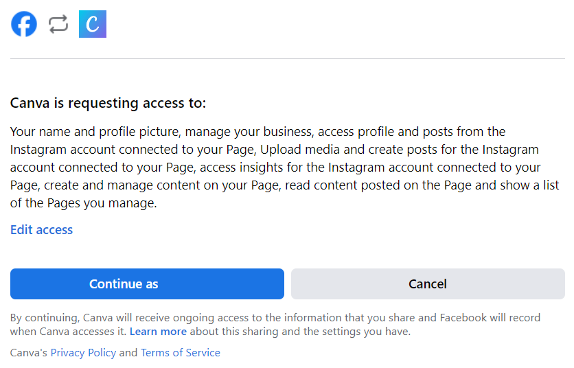 canva requests for facebook access