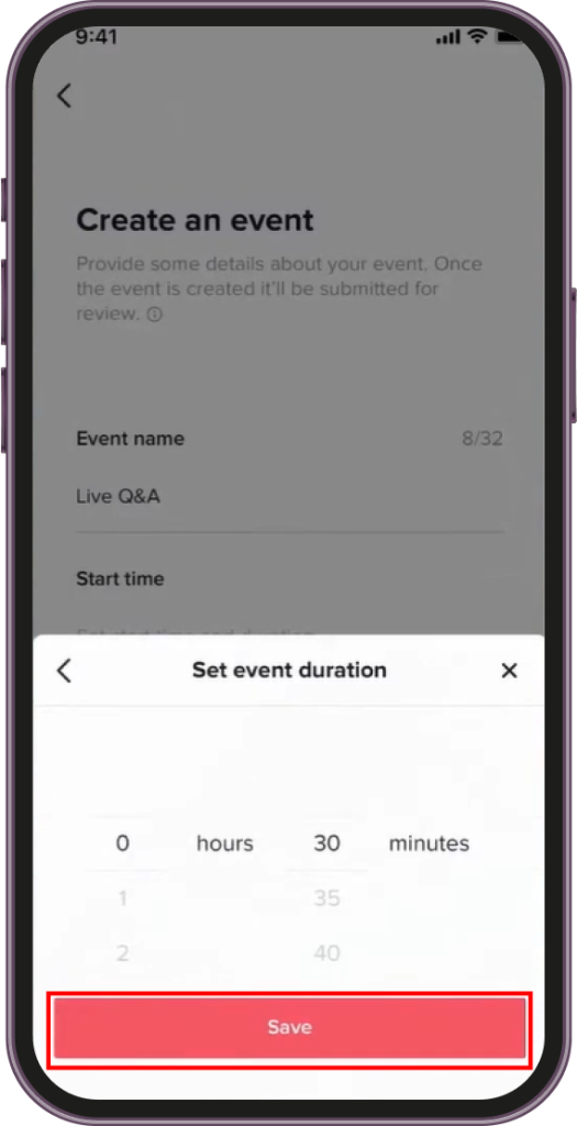 Select event duration for tiktok live