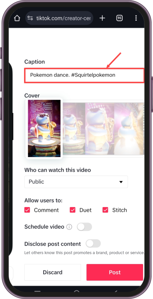 Add caption and hashtags when scheduling TikTok Posts on mobile