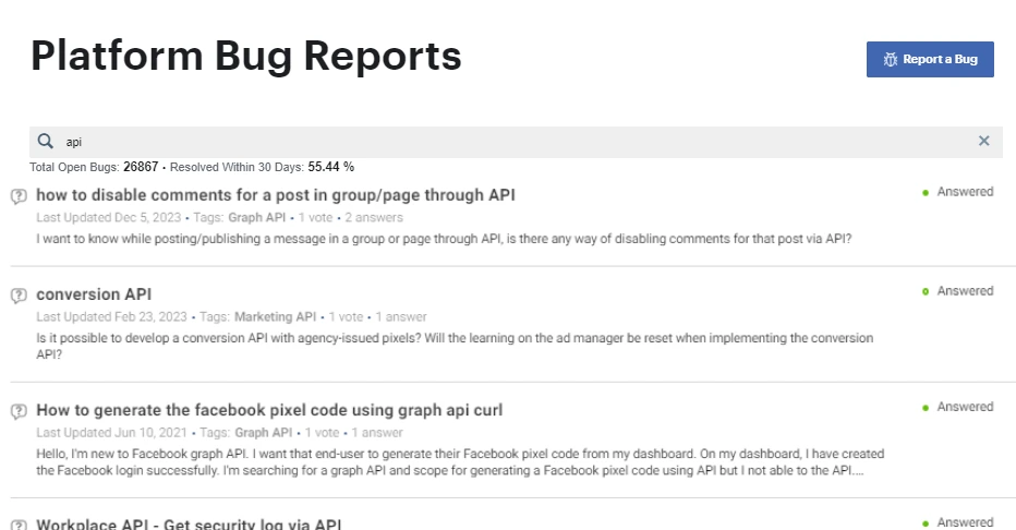 Facebook Platform Bug Reports