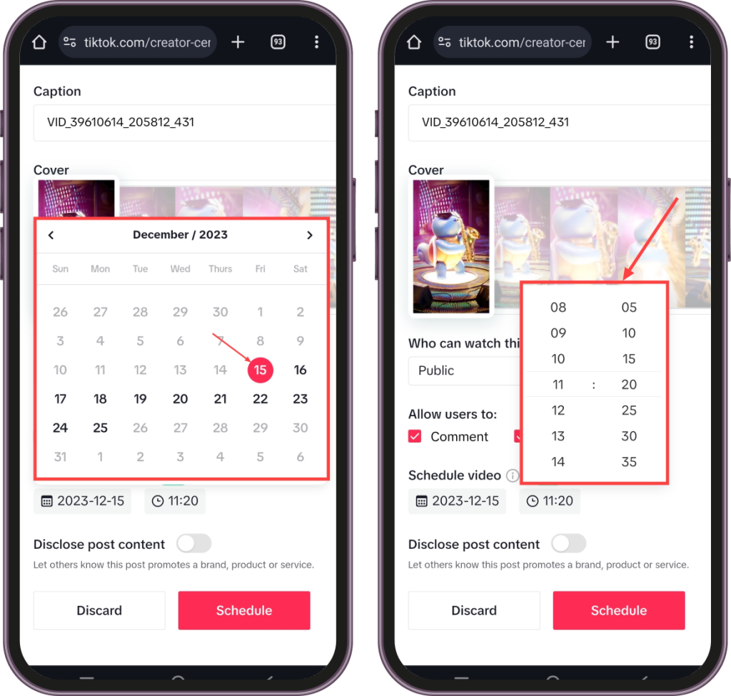 Set date and time to schedule tiktok posts on mobile