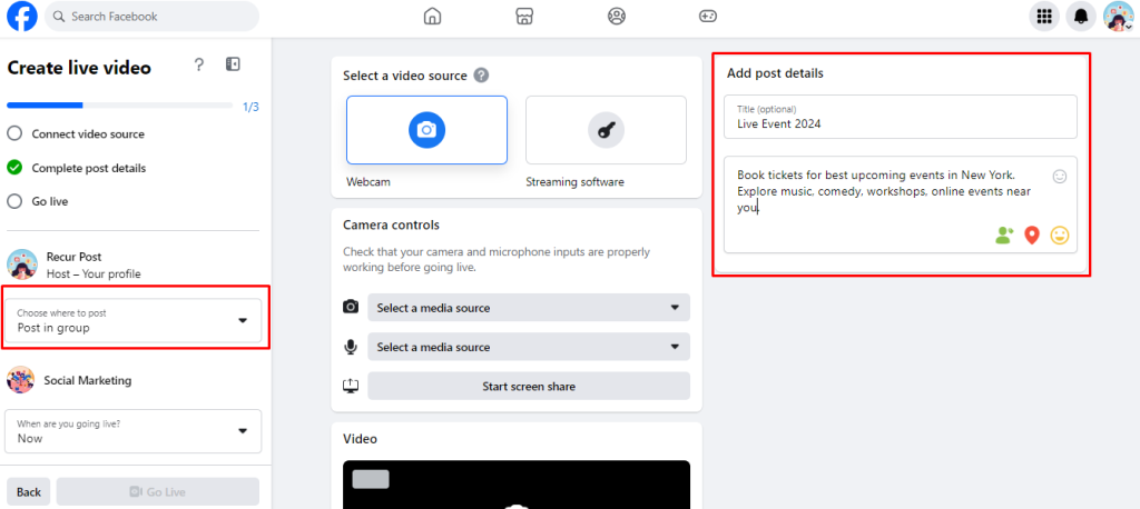 Add Facebook Live Video Details