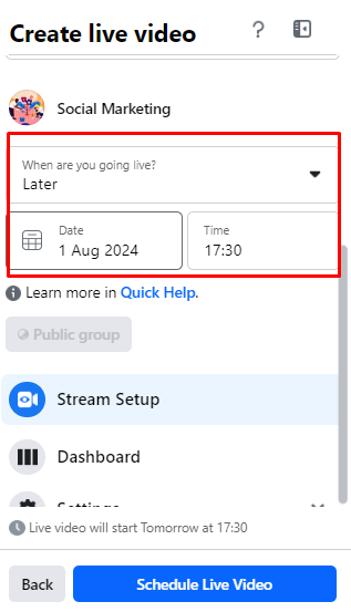 Schedule Live Video in Facebook Group