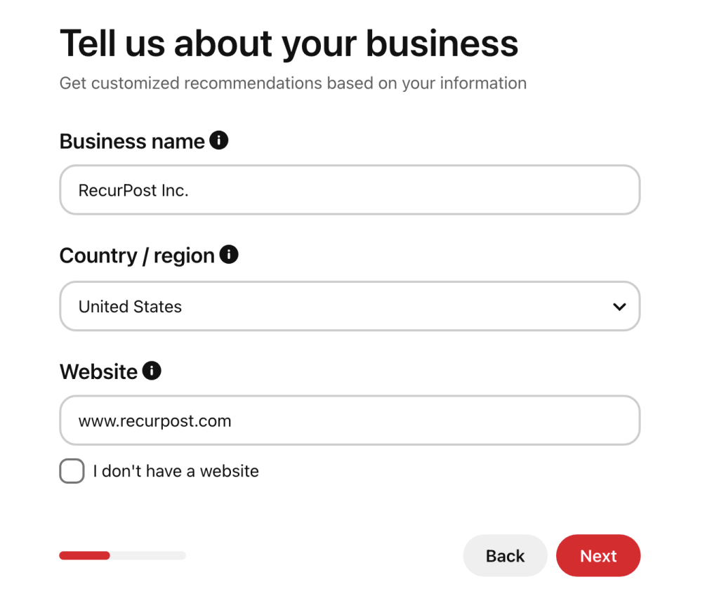 Share your business details with Pinterest