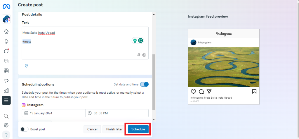Click on the schedule button to schedule your instagram post from the desktop.
