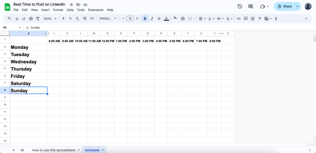 Create a spreadsheet for days and hours to determine the best time to post on LinkedIn.