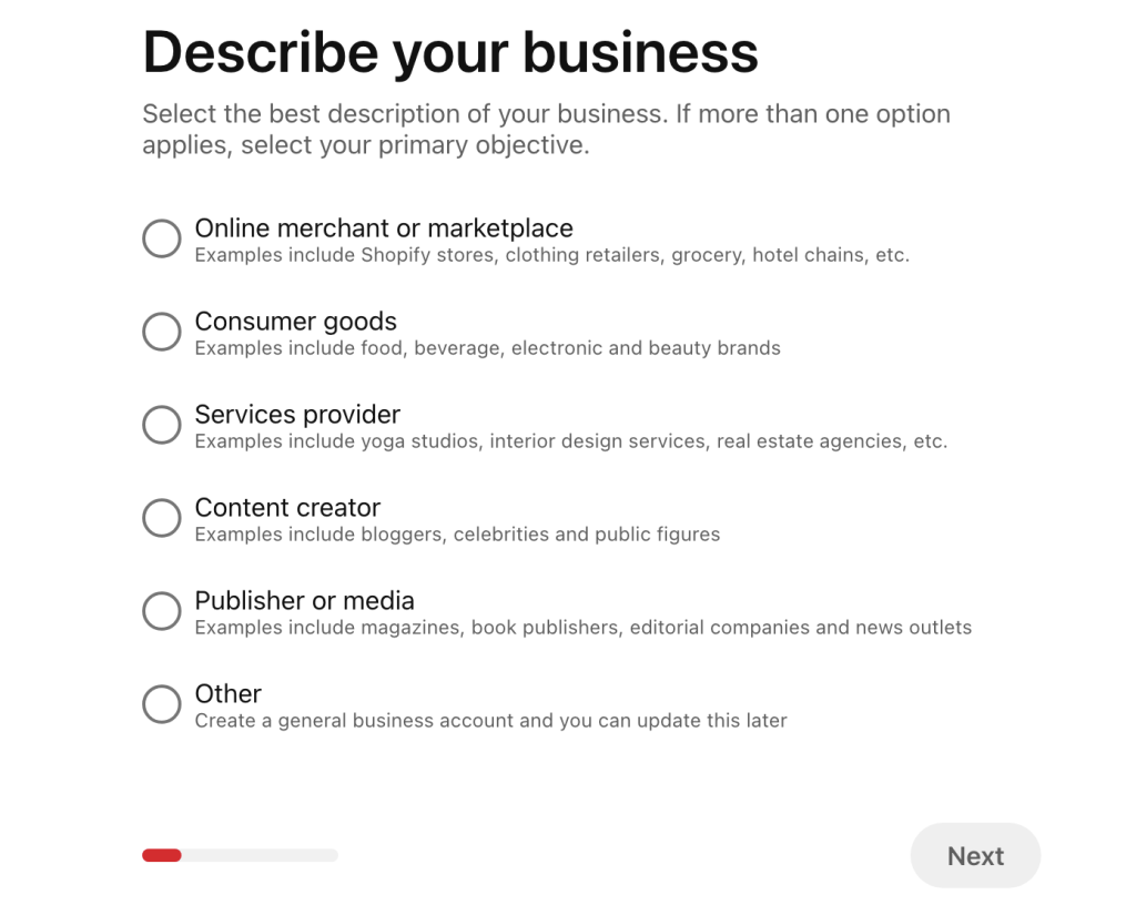 Describe your business to Pinterest