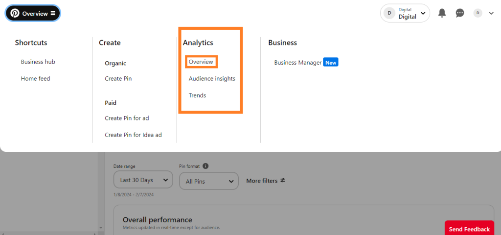 Select the Overview option from the Analytics section.
