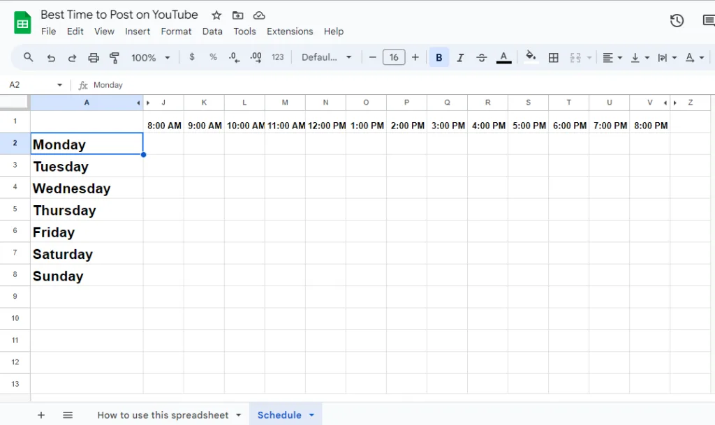 Spreadsheet representing the days of the week and hours