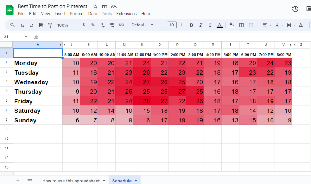 Spreadsheet representing best and worst times to post on Pinterest.