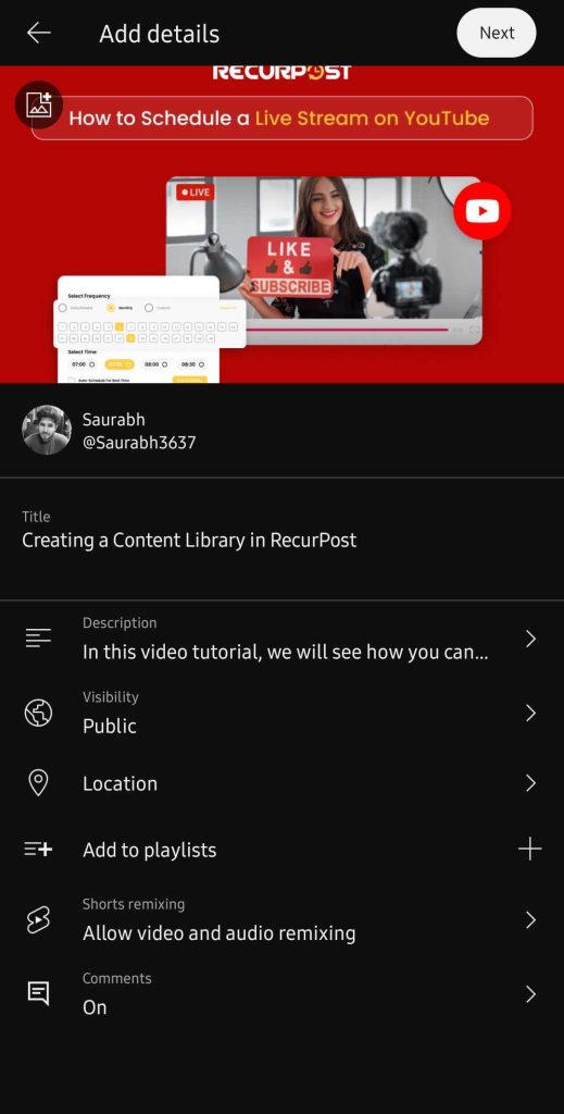 Write Video Details on mobile app