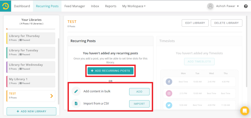 Click on the Add recurring post option. You can bulk upload it via CSV too.