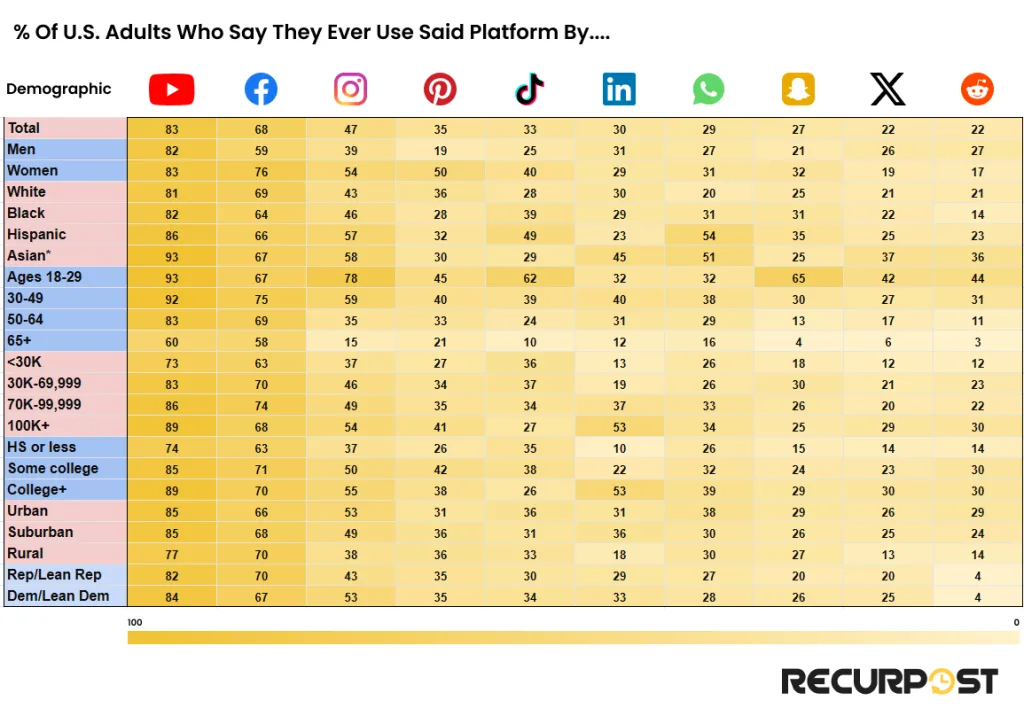 Demographics of US adult social media users 